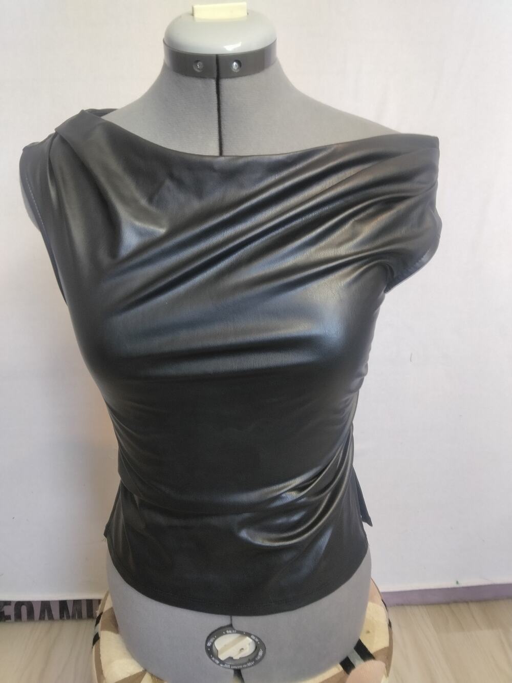 NWOT Envie Faux Leather Top Sz S Black Asymmetrical Neckline Bad Sandy Grease